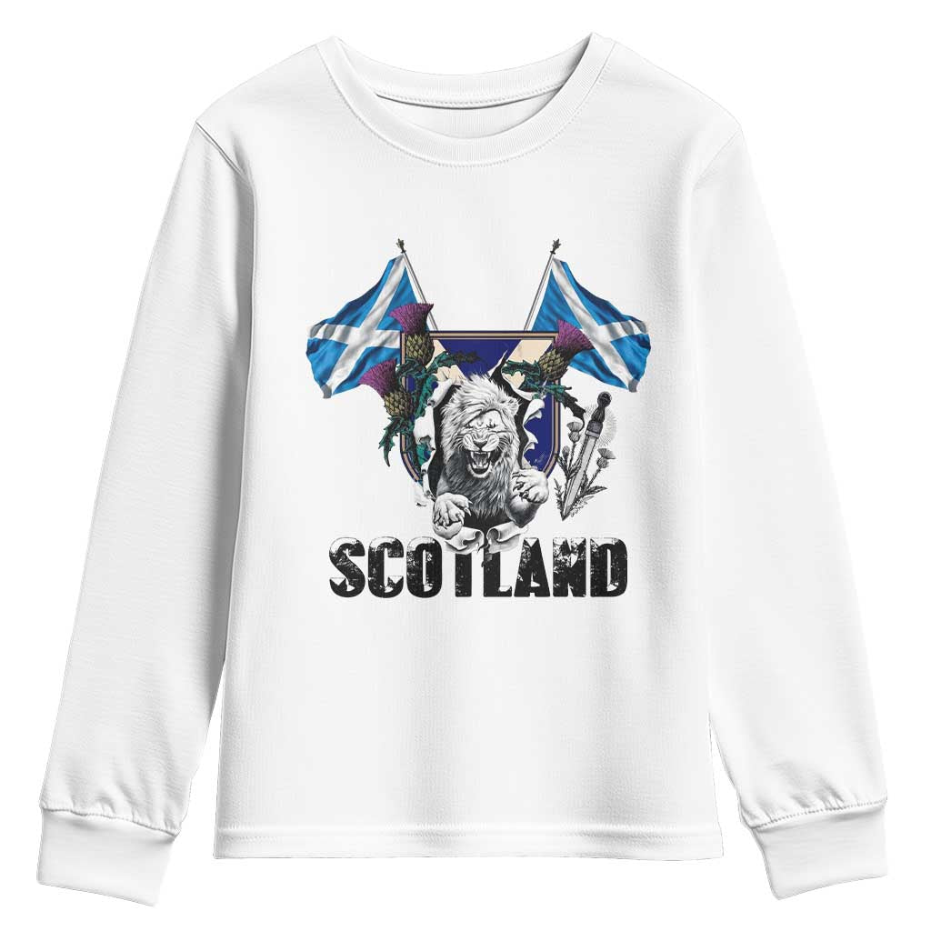 Roaring Scottish Lion Crest Youth Sweatshirt Thistle Scotland Flag Emblem for Brave Highlanders TS02 White Print Your Wear