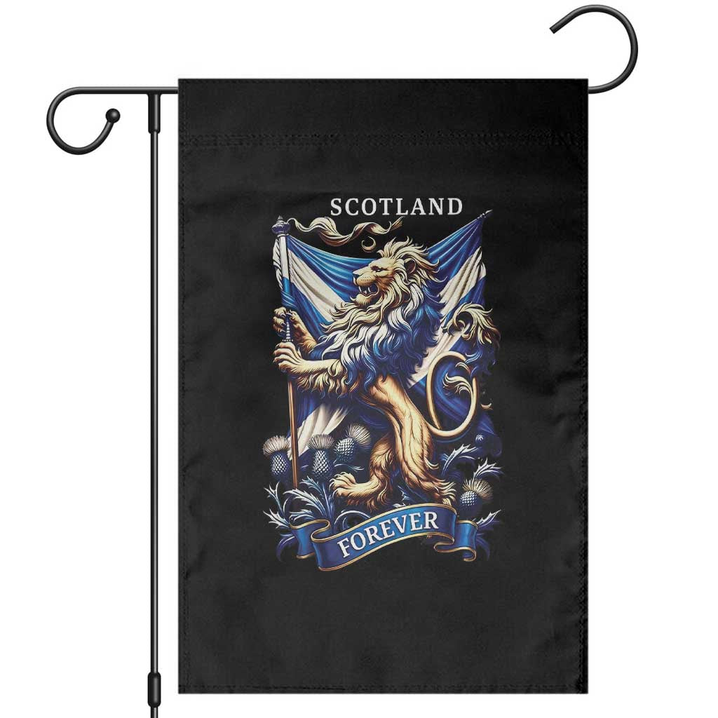Scotland Forever Majestic Lion Rampant Holding Saltire Flag With Thistles Graphic Garden Flag TS02 Black Print Your Wear