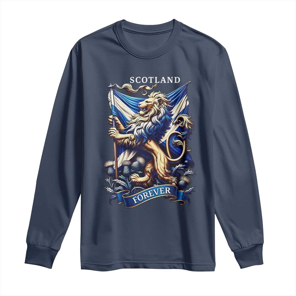 Scotland Forever Majestic Lion Rampant Holding Saltire Flag With Thistles Graphic Long Sleeve Shirt TS02 Navy Print Your Wear