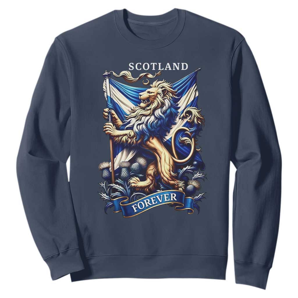 Scotland Forever Majestic Lion Rampant Holding Saltire Flag With Thistles Graphic Sweatshirt TS02 Navy Print Your Wear