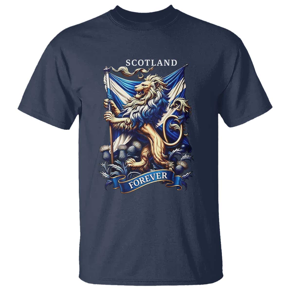 Scotland Forever Majestic Lion Rampant Holding Saltire Flag With Thistles Graphic T Shirt TS02 Navy Print Your Wear