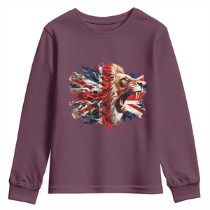 Roaring British Lion Flag Youth Sweatshirt Union Jack UK Pride TS02 Maroon Print Your Wear
