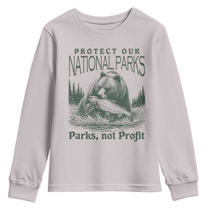 Protect Our National Parks Youth Sweatshirt Parks Not Profits Retro Bear Nature Graphic TS02 Ice Gray Print Your Wear