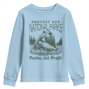 Protect Our National Parks Youth Sweatshirt Parks Not Profits Retro Bear Nature Graphic TS02 Light Blue Print Your Wear