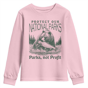 Protect Our National Parks Youth Sweatshirt Parks Not Profits Retro Bear Nature Graphic TS02 Light Pink Print Your Wear