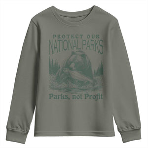 Protect Our National Parks Youth Sweatshirt Parks Not Profits Retro Bear Nature Graphic TS02 Military Green Print Your Wear