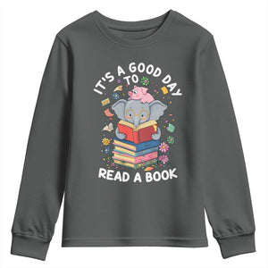 Its A Good Day To Read Book Youth Sweatshirt Cute Elephant Reading Across America TS02 Dark Heather Print Your Wear