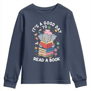 Its A Good Day To Read Book Youth Sweatshirt Cute Elephant Reading Across America TS02 Navy Print Your Wear