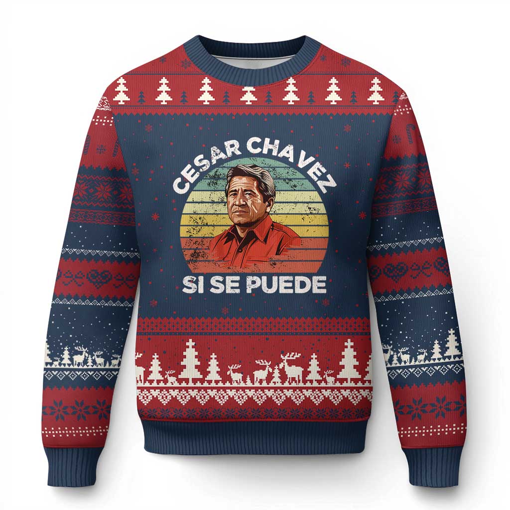Cesar Chavez Ugly Christmas Sweater Si Se Puede Mexican Hispanic Heritage Month Vintage TS02 Navy Red Print Your Wear