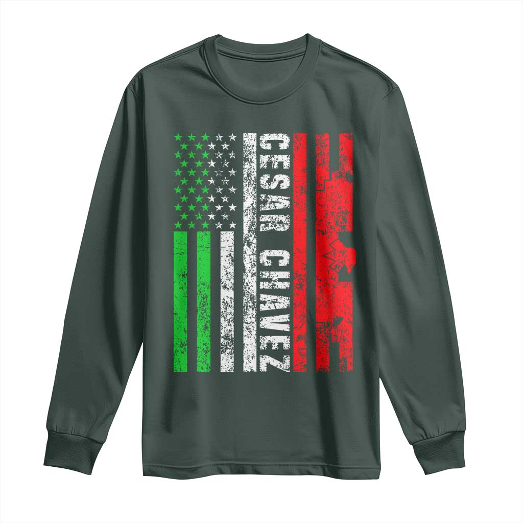 Cesar Chavez Long Sleeve Shirt American Mexican Flag Patriotic Mexico Distressed TS02 Dark Forest Green Print Your Wear