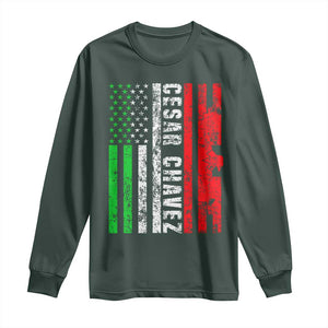 Cesar Chavez Long Sleeve Shirt American Mexican Flag Patriotic Mexico Distressed TS02 Dark Forest Green Print Your Wear