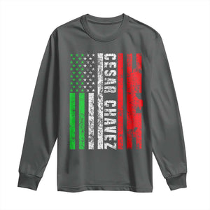 Cesar Chavez Long Sleeve Shirt American Mexican Flag Patriotic Mexico Distressed TS02 Dark Heather Print Your Wear