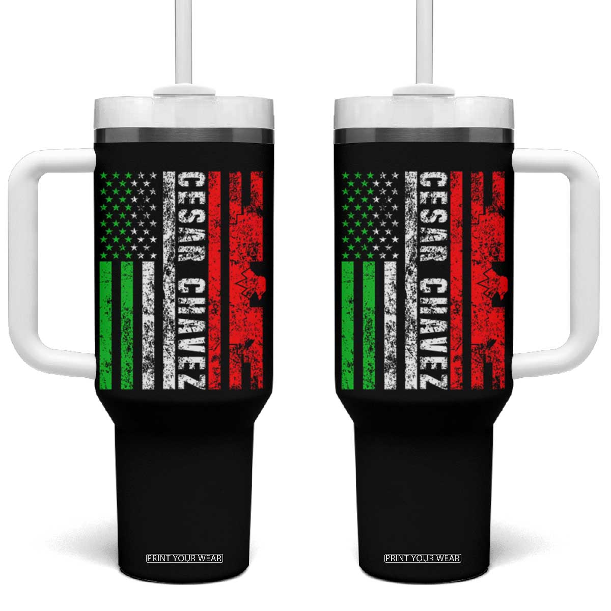 Cesar Chavez Tumbler With Handle American Mexican Flag Patriotic Mexico Distressed TS02 One Size: 40 oz Black Print Your Wear