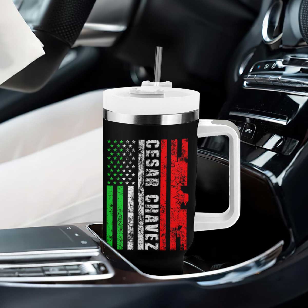 Cesar Chavez Tumbler With Handle American Mexican Flag Patriotic Mexico Distressed TS02 Print Your Wear