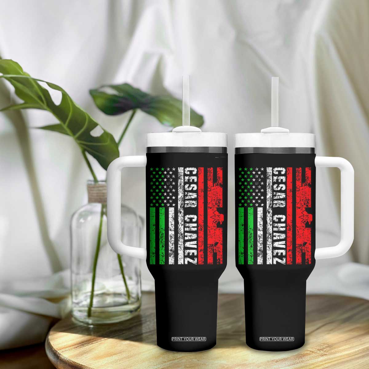Cesar Chavez Tumbler With Handle American Mexican Flag Patriotic Mexico Distressed TS02 Print Your Wear