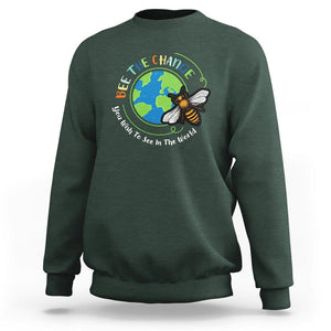 Earth Day Sweatshirt Bee The Change You Wish To See In The World Planet Honeybee TS02 Dark Forest Green Printyourwear