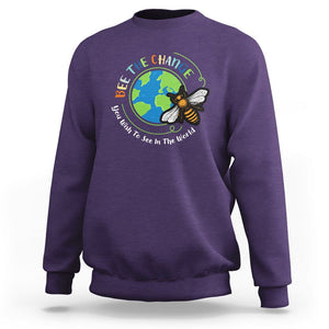 Earth Day Sweatshirt Bee The Change You Wish To See In The World Planet Honeybee TS02 Purple Printyourwear