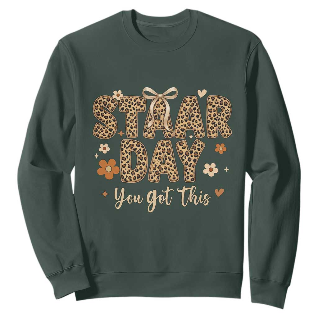 Groovy Leopard STAAR Day Sweatshirt You Got This Motivational Teacher Sayings TS02 Dark Forest Green Print Your Wear