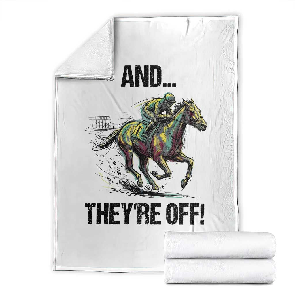 And They’re Off Colorful Horse Racing Sketch Throw Blanket Jockey and Thoroughbred Sprinting Race Day TS02 White Print Your Wear