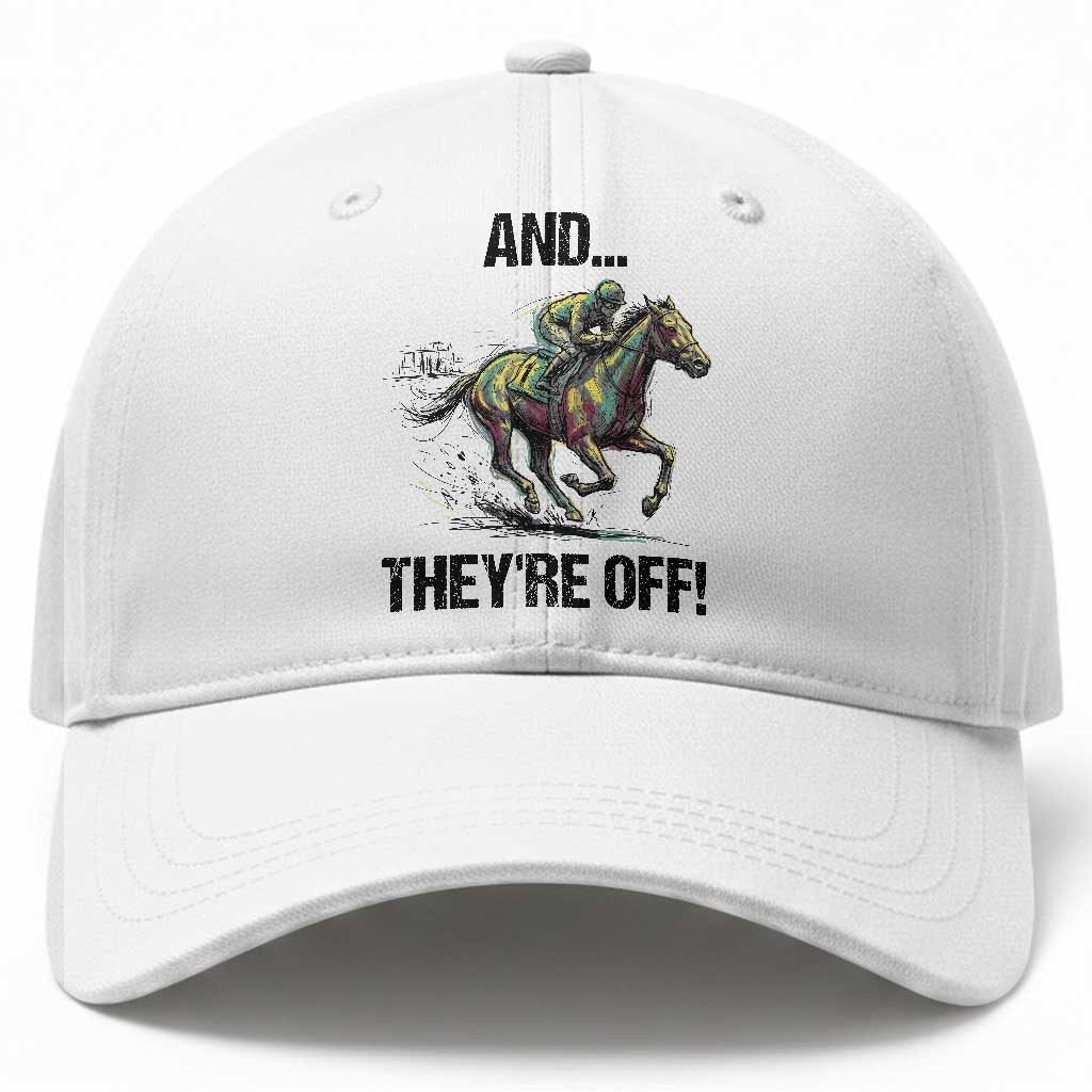 And They’re Off Colorful Horse Racing Sketch Baseball Cap Jockey and Thoroughbred Sprinting Race Day TS02 Print Your Wear