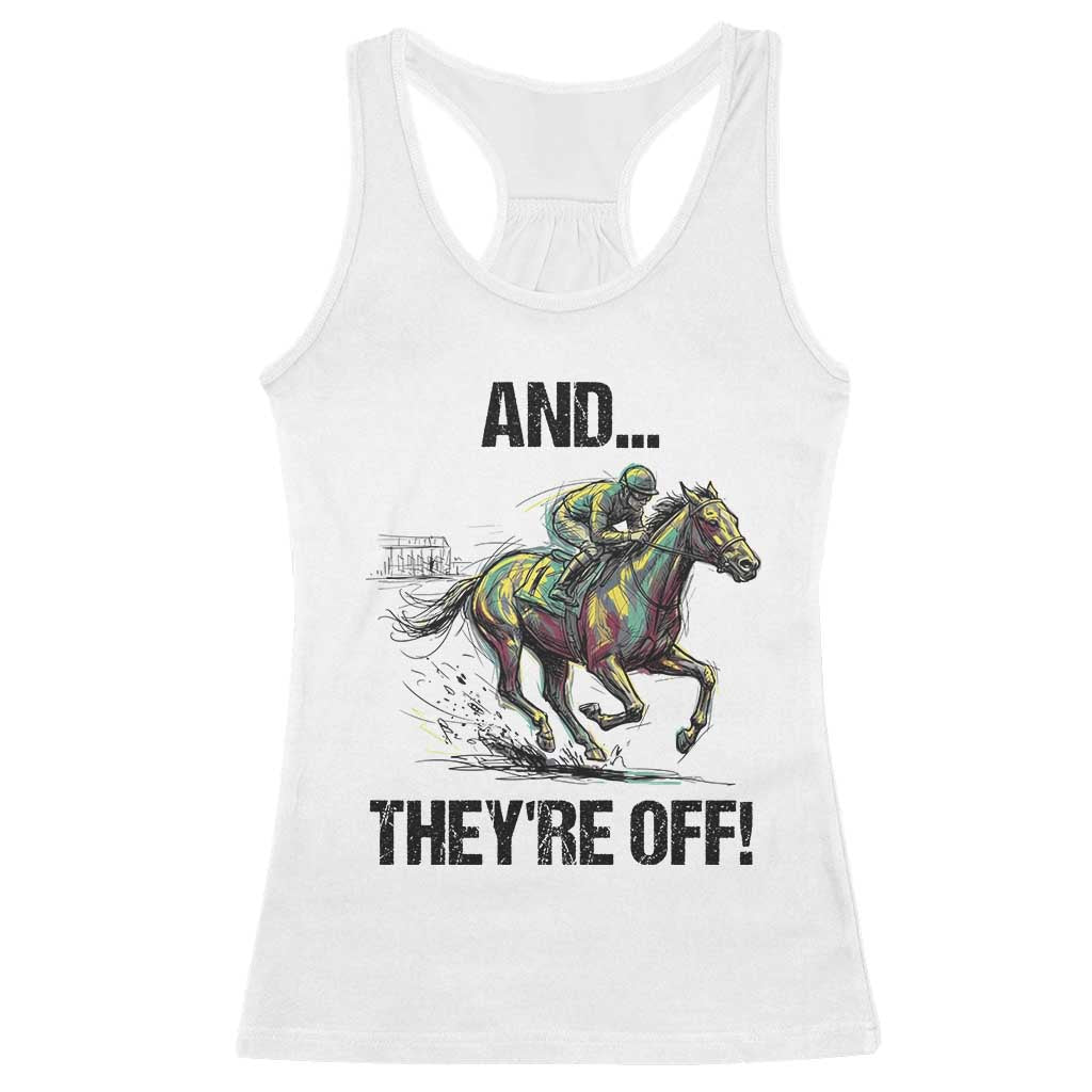 And They’re Off Colorful Horse Racing Sketch Racerback Tank Top Jockey and Thoroughbred Sprinting Race Day TS02 White Print Your Wear