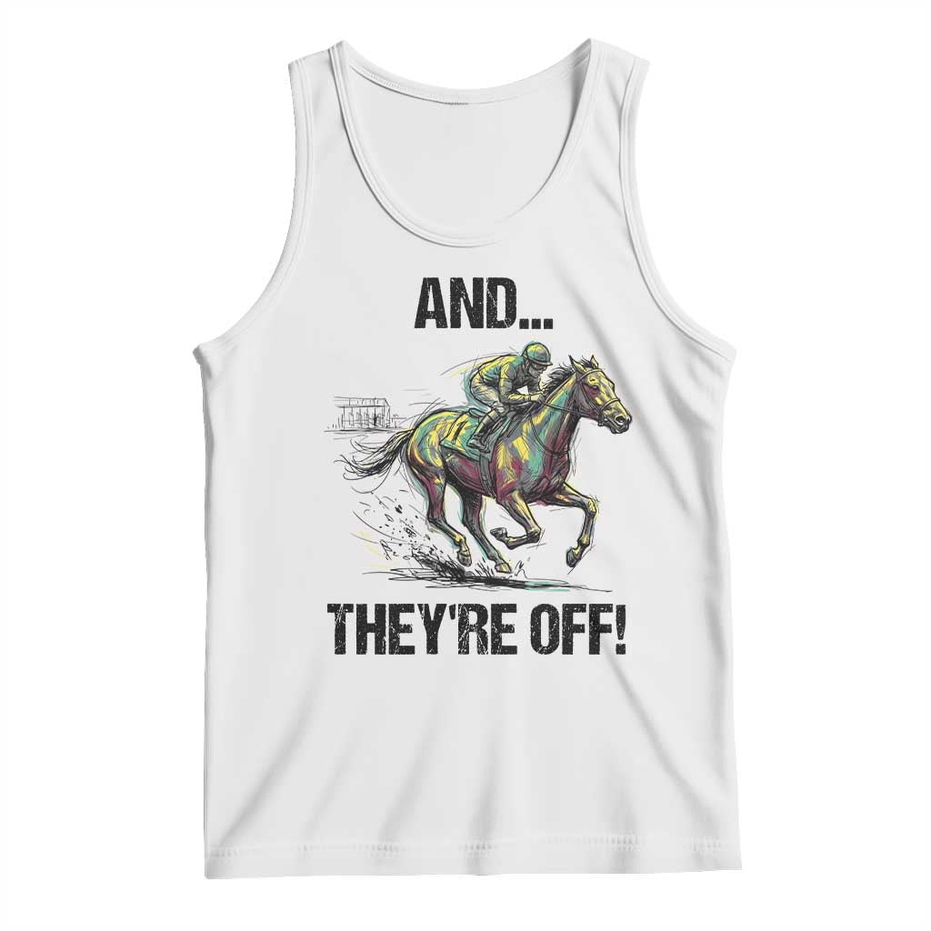 And They’re Off Colorful Horse Racing Sketch Tank Top Jockey and Thoroughbred Sprinting Race Day TS02 White Print Your Wear