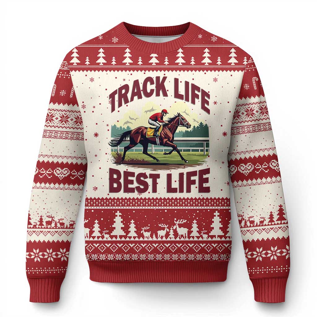Track Life Best Life Horse Racing Enthusiast Ugly Christmas Sweater Retro Jockey and Racehorse Trackside Southern Equestrian TS02 Beige Red Print Your Wear