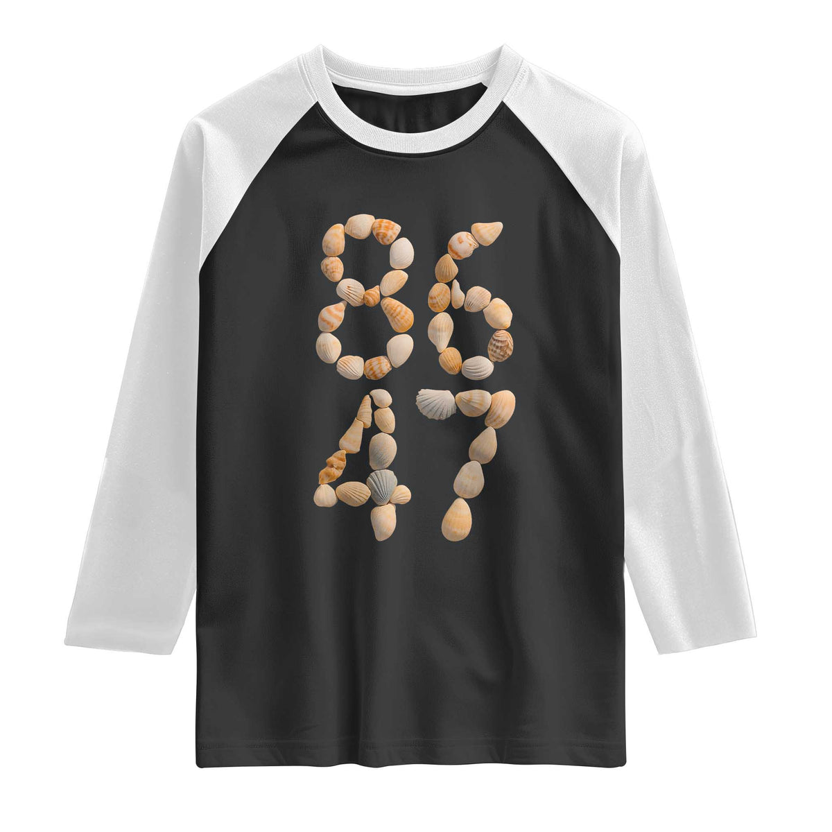 86 47 Seashell Subtle Summer Coastal Graphic Raglan Shirt Viral Beach Walk Political Satire TS02 Black White Print Your Wear