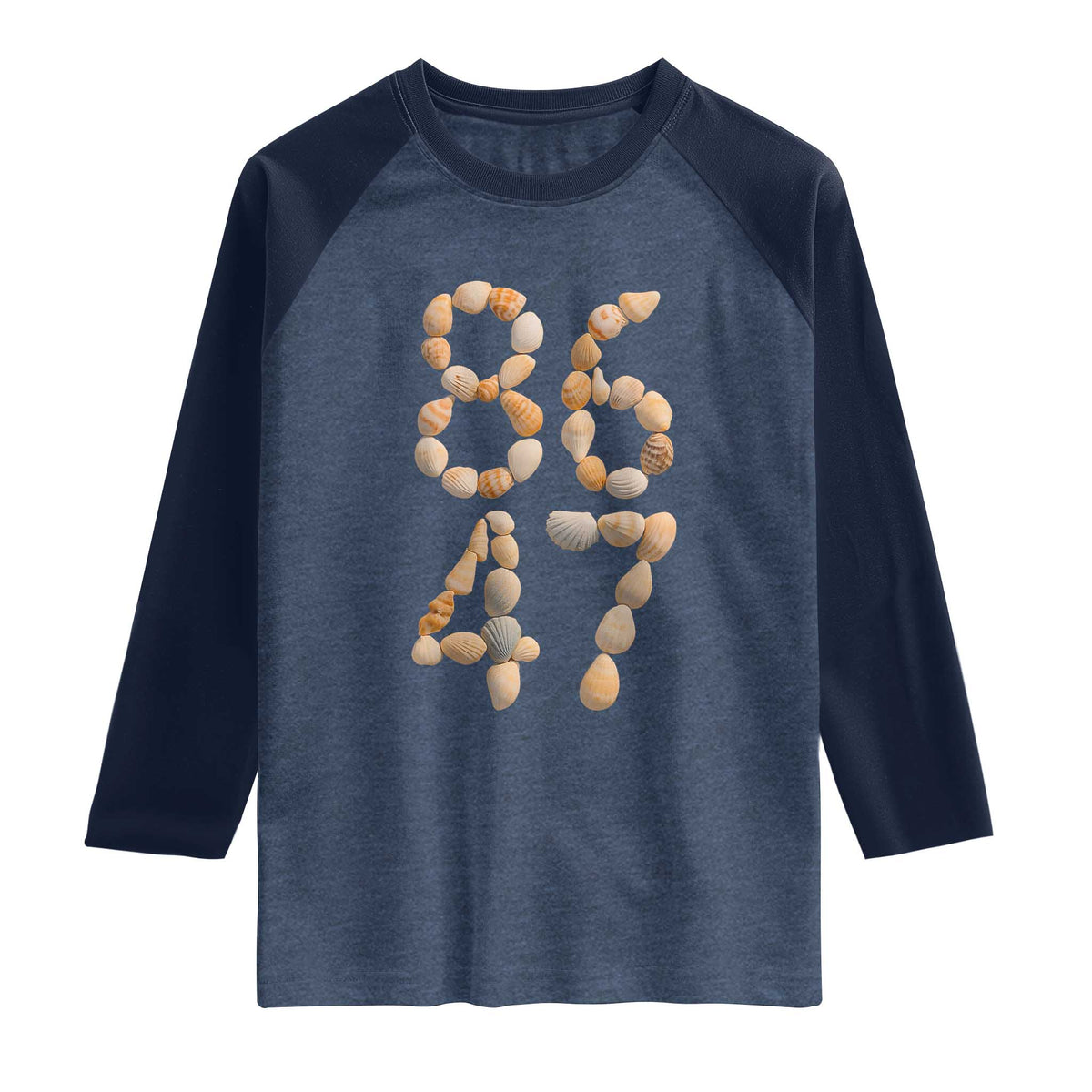 86 47 Seashell Subtle Summer Coastal Graphic Raglan Shirt Viral Beach Walk Political Satire TS02 Heather Denim Navy Print Your Wear