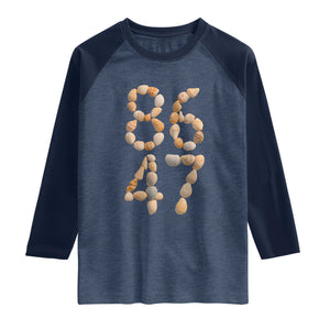 86 47 Seashell Subtle Summer Coastal Graphic Raglan Shirt Viral Beach Walk Political Satire TS02 Heather Denim Navy Print Your Wear