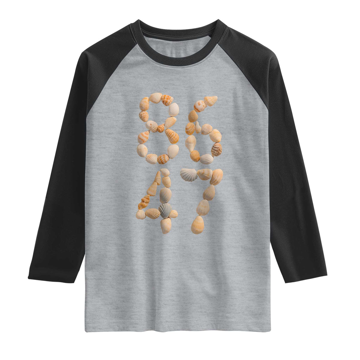 86 47 Seashell Subtle Summer Coastal Graphic Raglan Shirt Viral Beach Walk Political Satire TS02 Heather Gray Black Print Your Wear