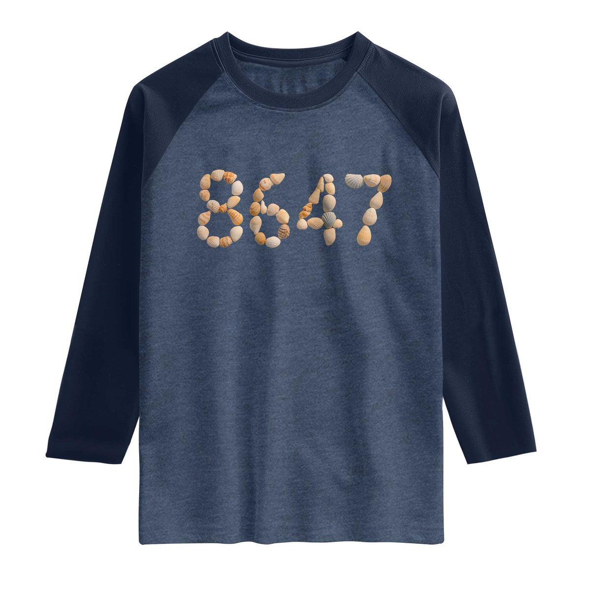 86 47 Seashell Beach Walk Graphic Raglan Shirt Subtle Coastal Summer Political Satire TS02 Heather Denim Navy Print Your Wear