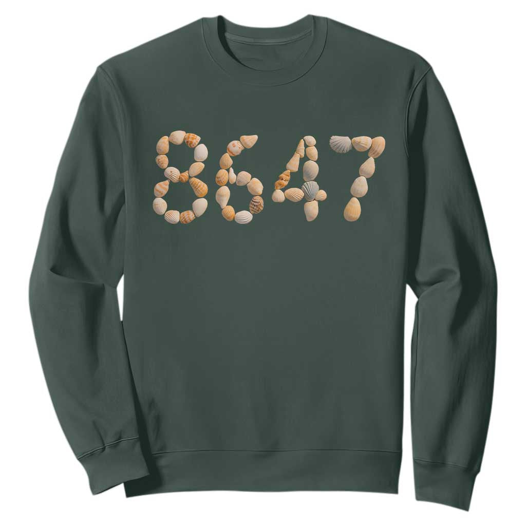 86 47 Seashell Beach Walk Graphic Sweatshirt Subtle Coastal Summer Political Satire TS02 Dark Forest Green Print Your Wear