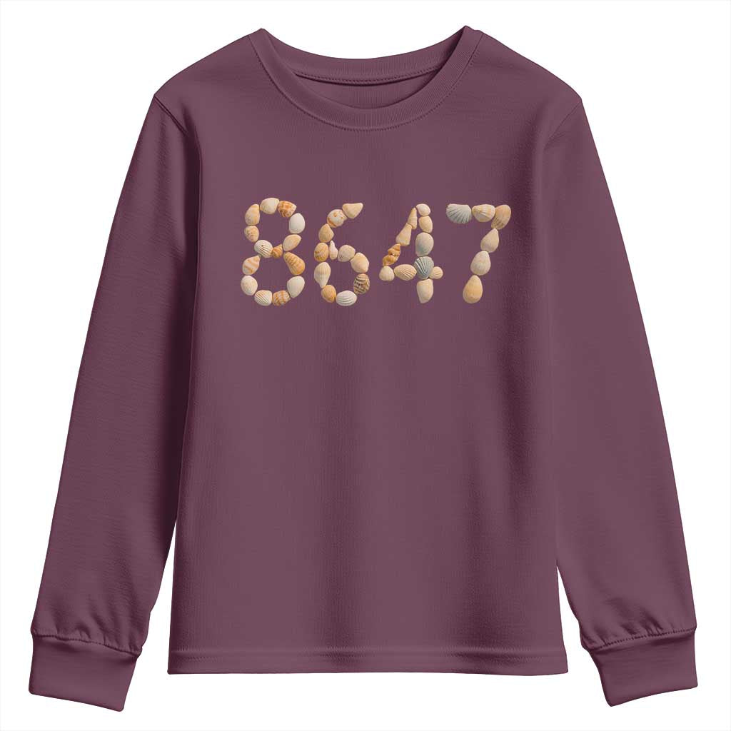 86 47 Seashell Beach Walk Graphic Youth Sweatshirt Subtle Coastal Summer Political Satire TS02 Maroon Print Your Wear