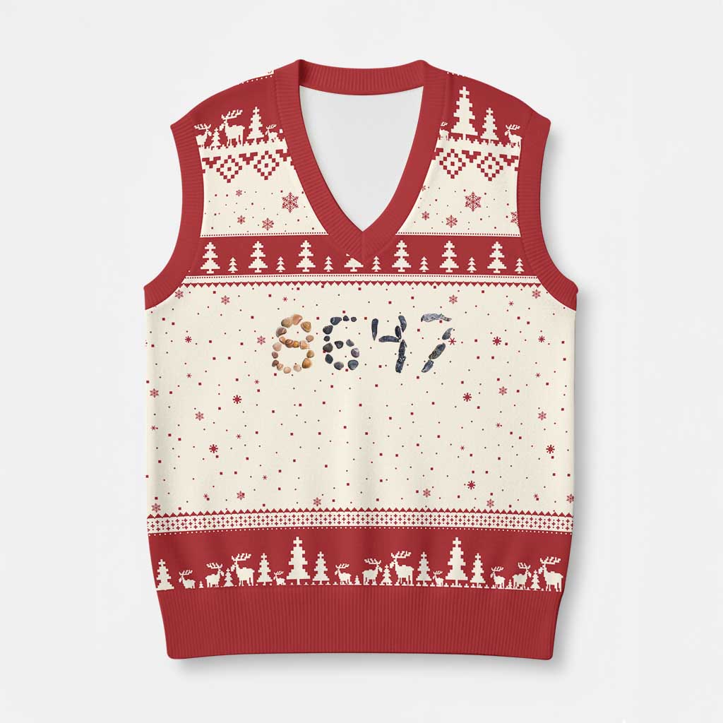 86 47 Seashell Graphic Subtle Summer Coastal V-Neck Knit Sweater Vest Viral 2026 Beach Walk Political Satire TS02 Beige Red Print Your Wear
