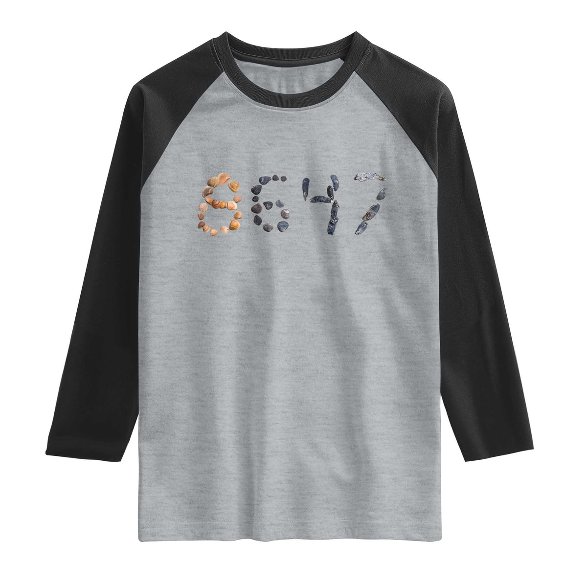 86 47 Seashell Graphic Subtle Summer Coastal Raglan Shirt Viral 2026 Beach Walk Political Satire TS02 Heather Gray Black Print Your Wear