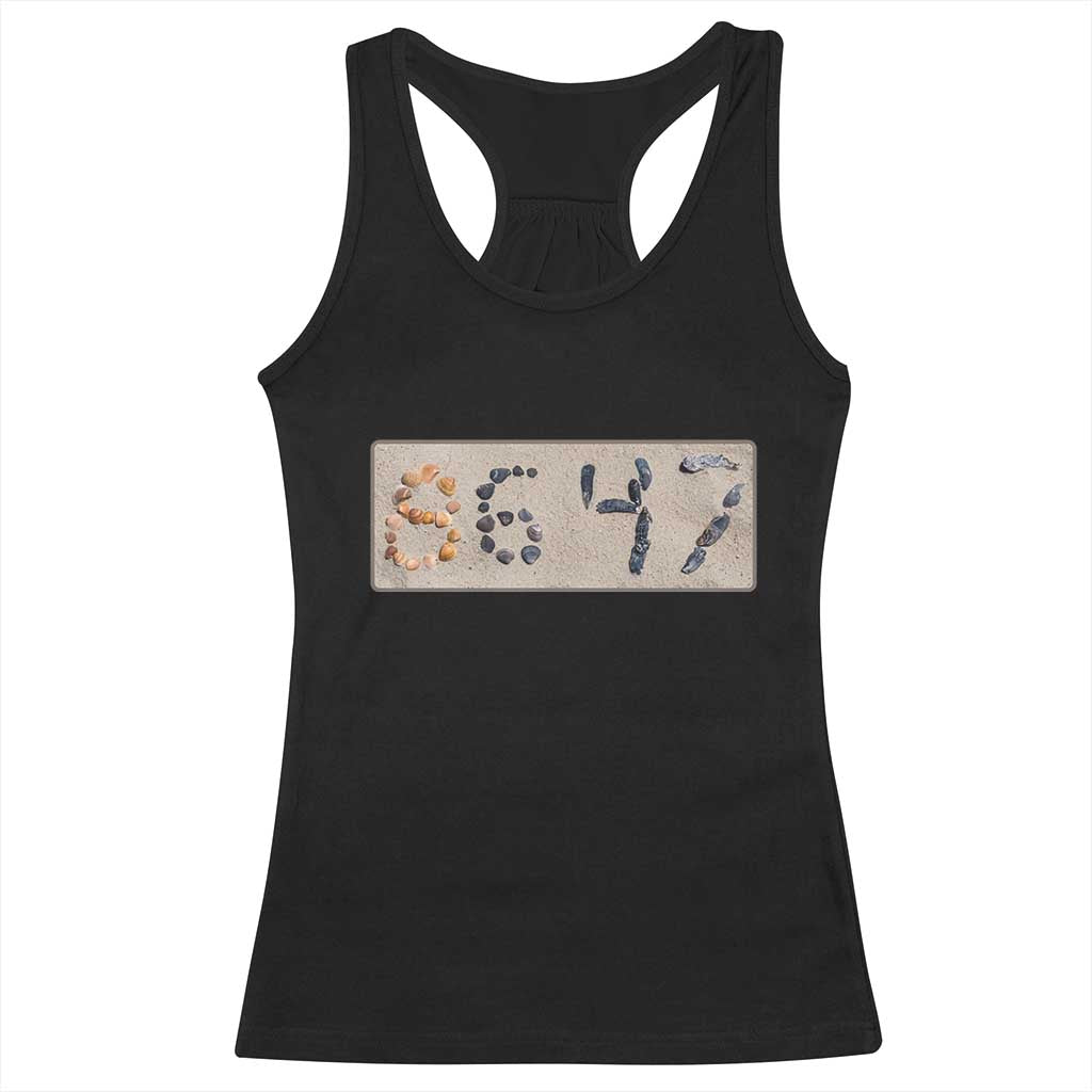 86 47 Seashell Beach Sand Graphic Racerback Tank Top Subtle Coastal Summer Political Satire TS02 Black Print Your Wear