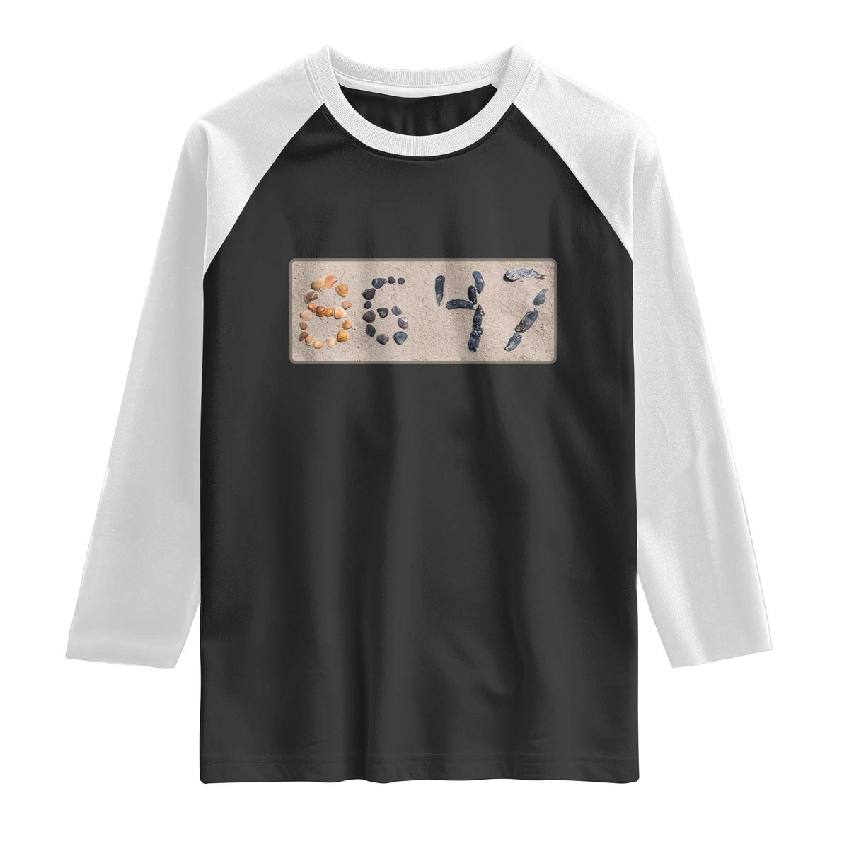 86 47 Seashell Beach Sand Graphic Raglan Shirt Subtle Coastal Summer Political Satire TS02 Black White Print Your Wear