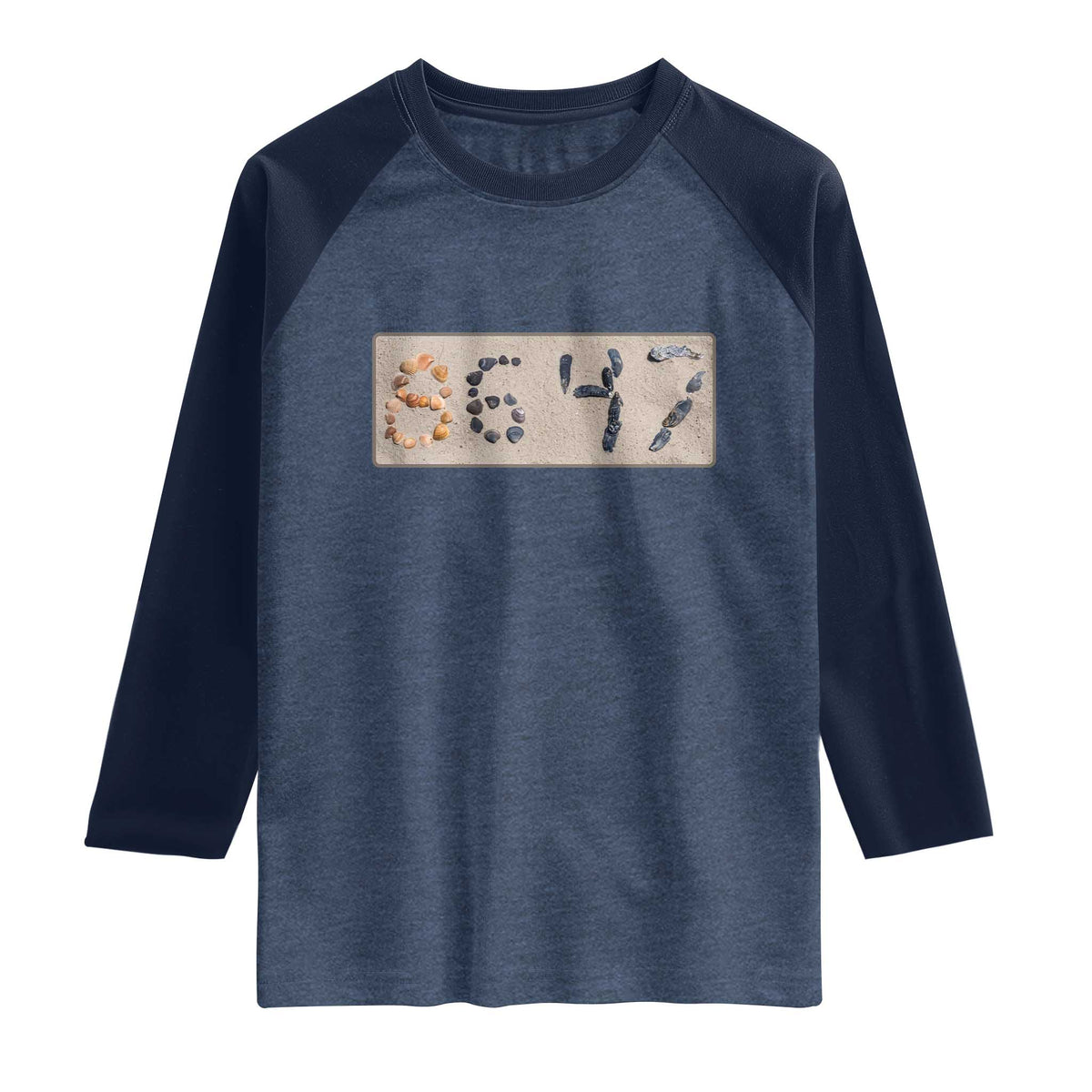 86 47 Seashell Beach Sand Graphic Raglan Shirt Subtle Coastal Summer Political Satire TS02 Heather Denim Navy Print Your Wear