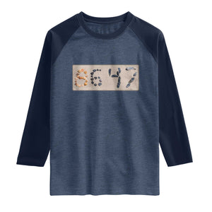 86 47 Seashell Beach Sand Graphic Raglan Shirt Subtle Coastal Summer Political Satire TS02 Heather Denim Navy Print Your Wear