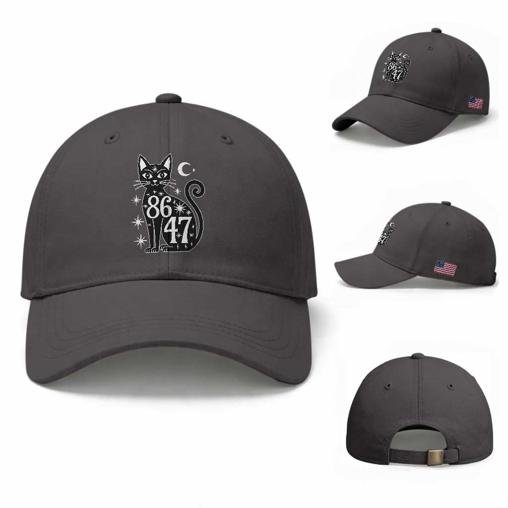 86 47 Celestial Black Cat Mystic Baseball Cap Moon Stars Coded Political Satire TS02 Baseball Cap Universal Fit Dark Gray Print Your Wear