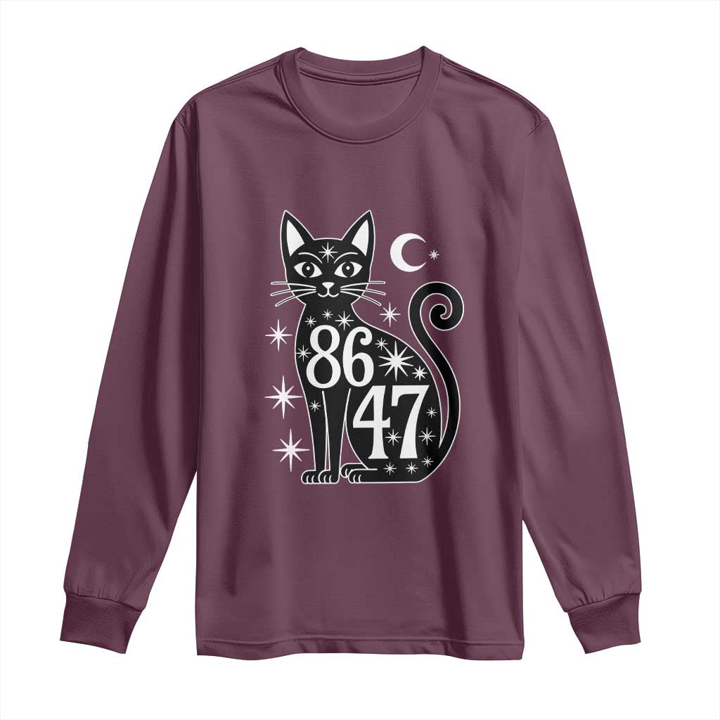 86 47 Celestial Black Cat Mystic Long Sleeve Shirt Moon Stars Coded Political Satire TS02 Maroon Print Your Wear