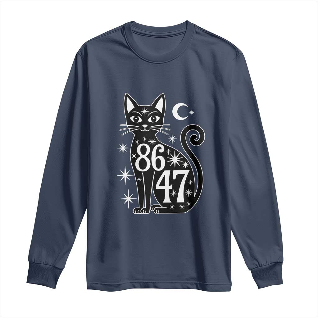 86 47 Celestial Black Cat Mystic Long Sleeve Shirt Moon Stars Coded Political Satire TS02 Navy Print Your Wear