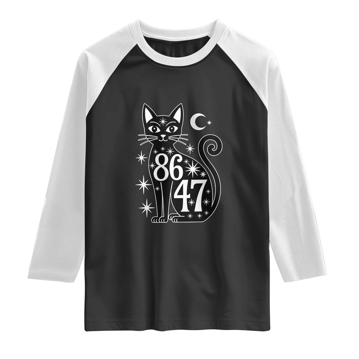 86 47 Celestial Black Cat Mystic Raglan Shirt Moon Stars Coded Political Satire TS02 Black White Print Your Wear
