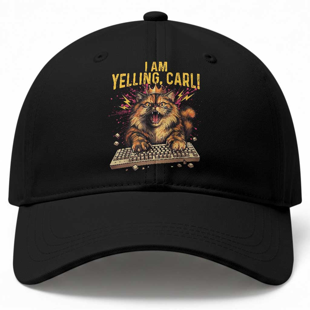 I Am Yelling Carl Graphic Baseball Cap Funny Angry Cat Typing Keyboard Comic Retro TS02 Print Your Wear