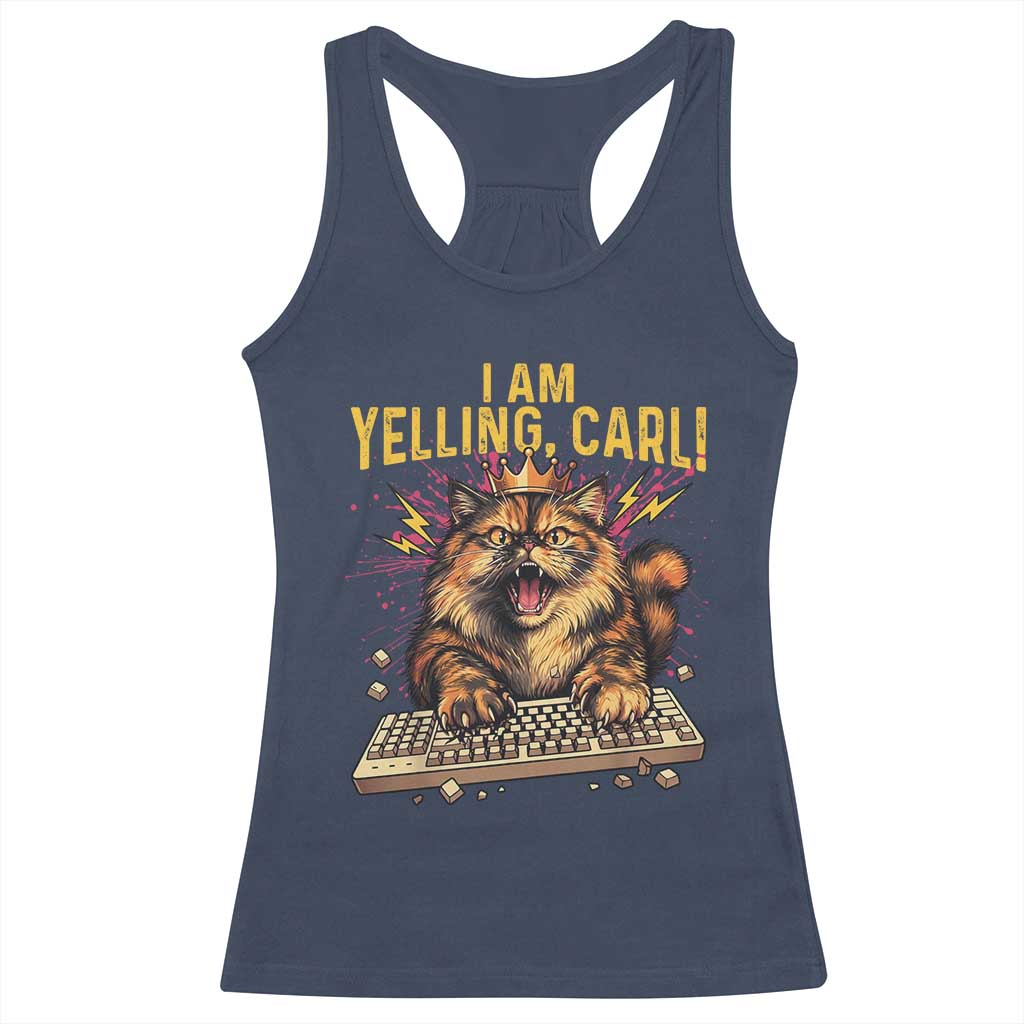 I Am Yelling Carl Graphic Racerback Tank Top Funny Angry Cat Typing Keyboard Comic Retro TS02 Navy Print Your Wear
