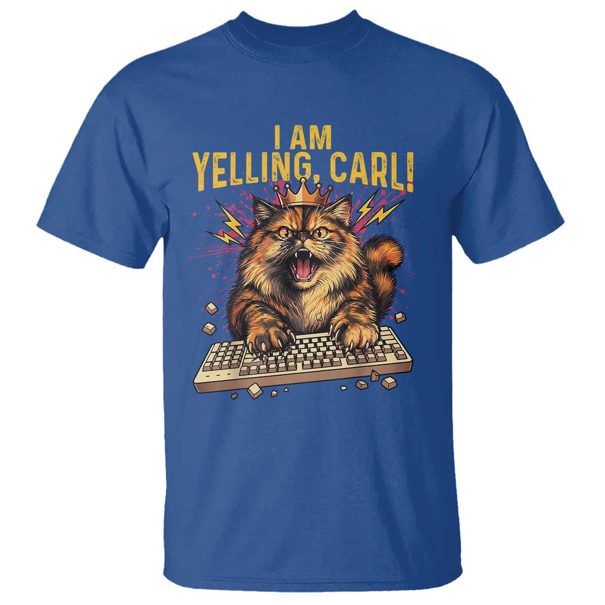 I Am Yelling Carl Graphic T Shirt Funny Angry Cat Typing Keyboard Comic Retro TS02 Royal Blue Print Your Wear