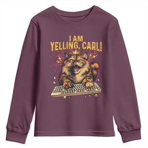 I Am Yelling Carl Graphic Youth Sweatshirt Funny Angry Cat Typing Keyboard Comic Retro TS02 Maroon Print Your Wear