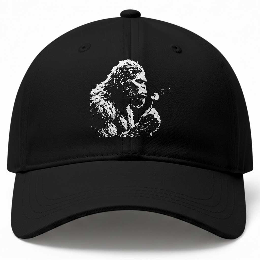 Bigfoot Blowing Dandelion Flower Graphic Baseball Cap Whimsical Sasquatch Profile Artistic Vintage Distressed TS02 Print Your Wear