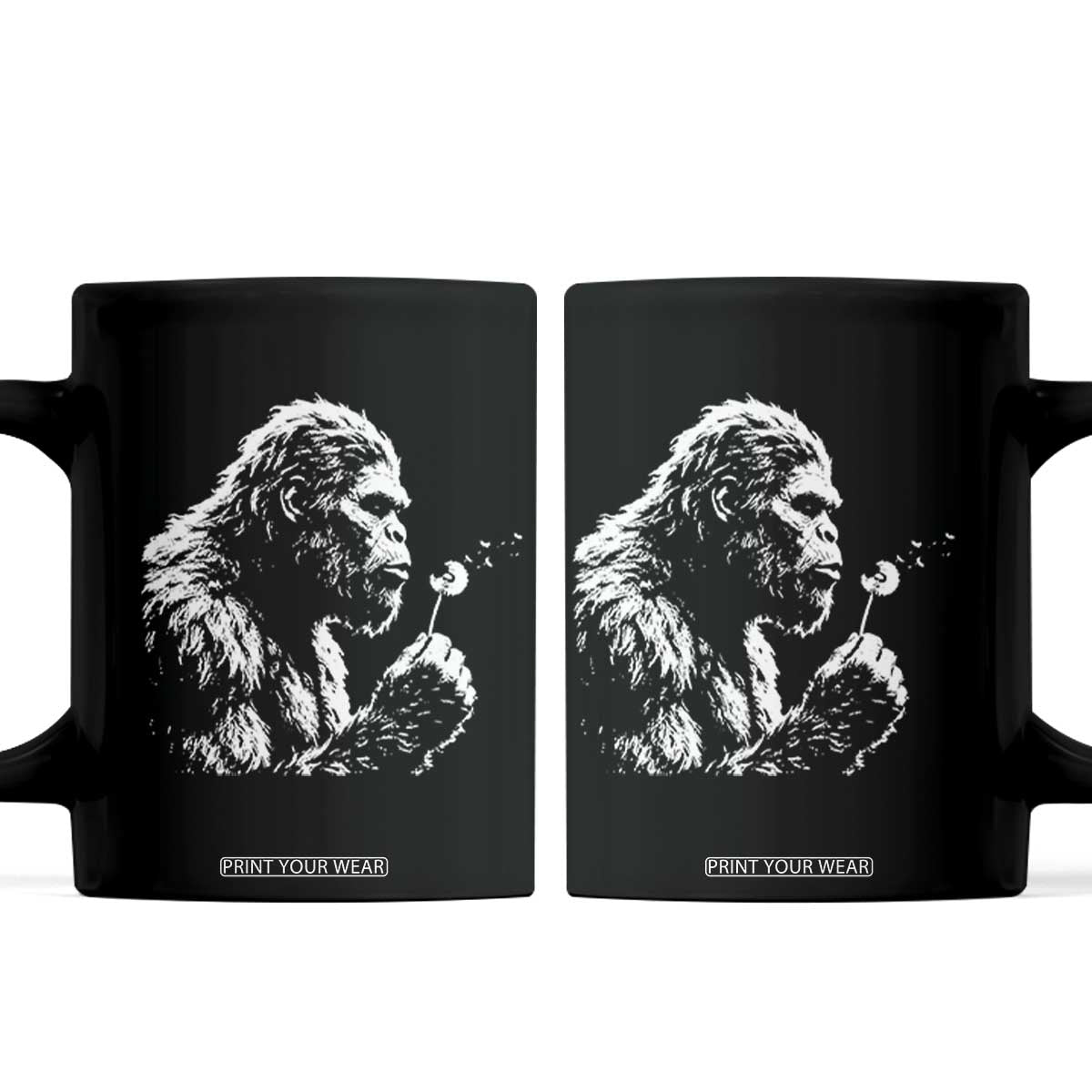 Bigfoot Blowing Dandelion Flower Graphic Coffee Mug Whimsical Sasquatch Profile Artistic Vintage Distressed TS02 Black Print Your Wear